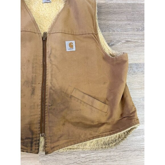 Vtg Carhartt Canvas Work Vest Jacket 3XL Tan Brown Sherpa Lined Thrashed Stains - Picture 4 of 11